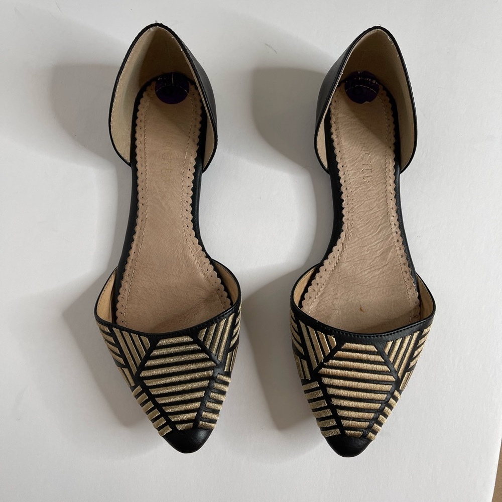 Shoes, gold and black slip ons, flats